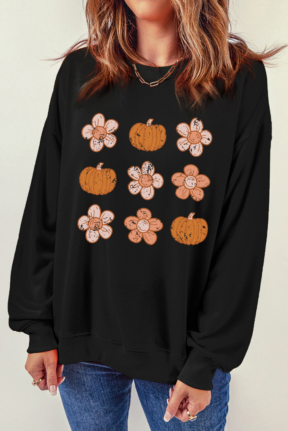 Back to school  Round Neck Long Sleeve Pumpkin & Flower Graphic Sweatshirt
