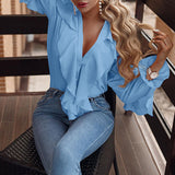 POSHOOT Women's Elegant Shirt Celmia Sexy V Neck Long Sleeve Casual Ruffles Shirt Button Solid Street Blusas  OL Party Tops