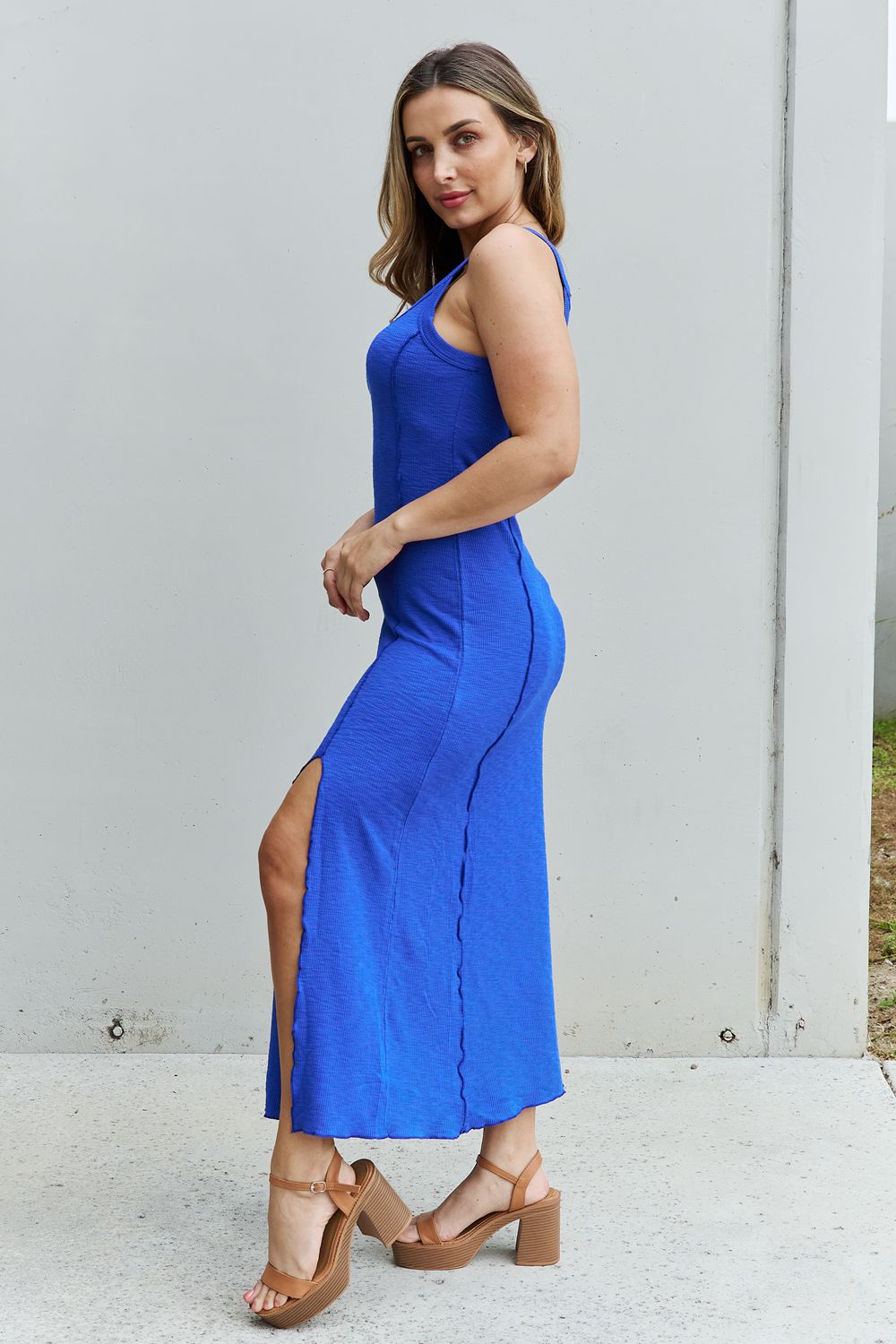 POSHOOT  Culture Code Look At Me Full Size Notch Neck Maxi Dress with Slit in Cobalt Blue