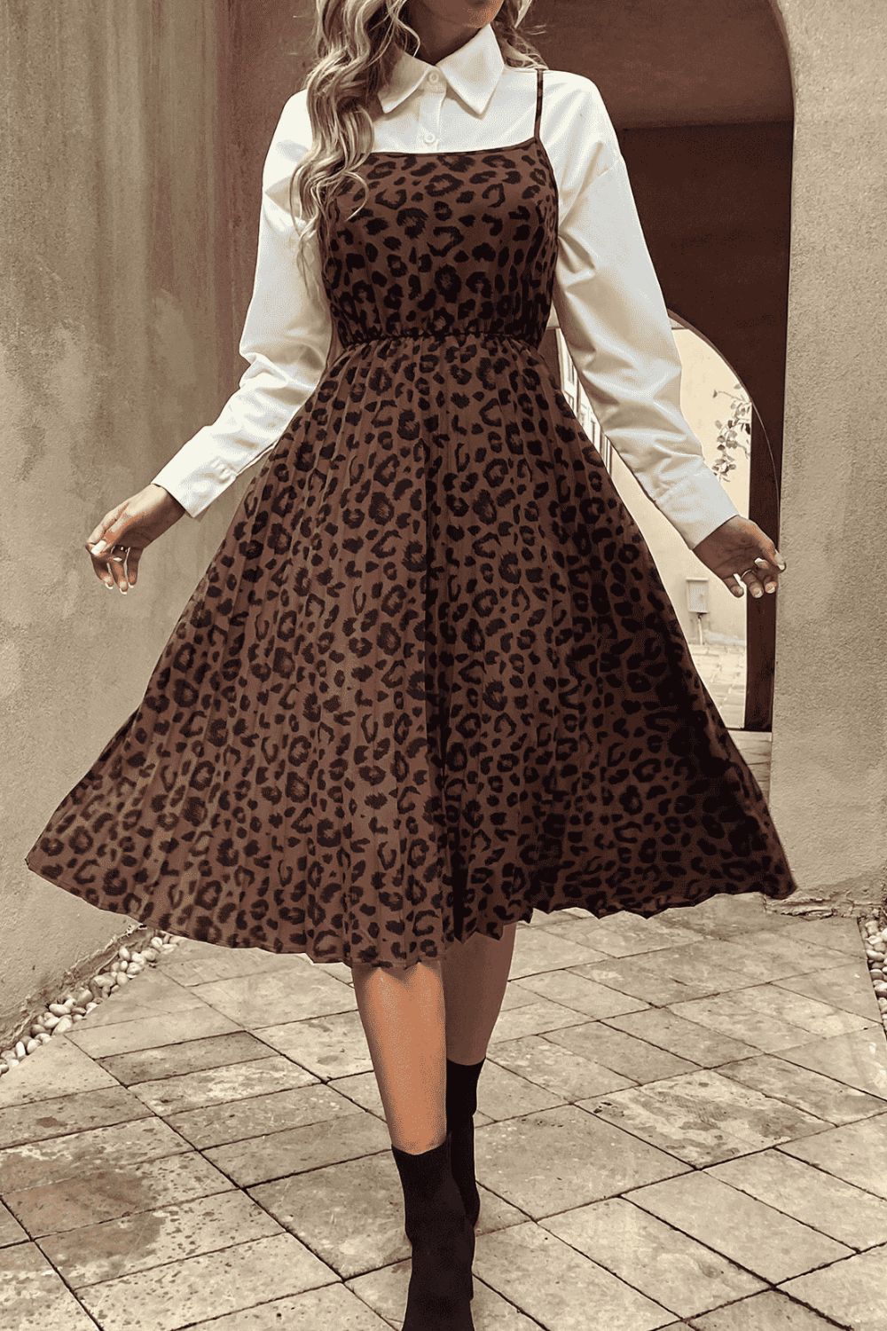 BACK TO COLLEGE   Leopard Print Spaghetti Straps Straight Neck Midi Dress