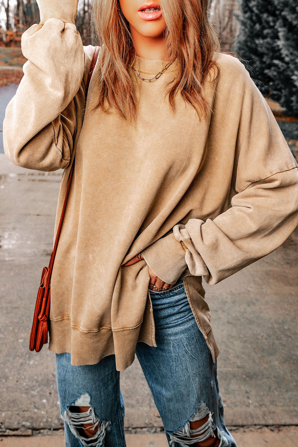 BACK TO COLLEGE   Dropped Shoulder Round Neck Long Sleeve Blouse