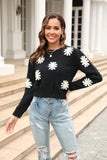POSHOOT  AUTUMN OUTFITS    Flower Pattern Round Neck Short Sleeve Pullover Sweater