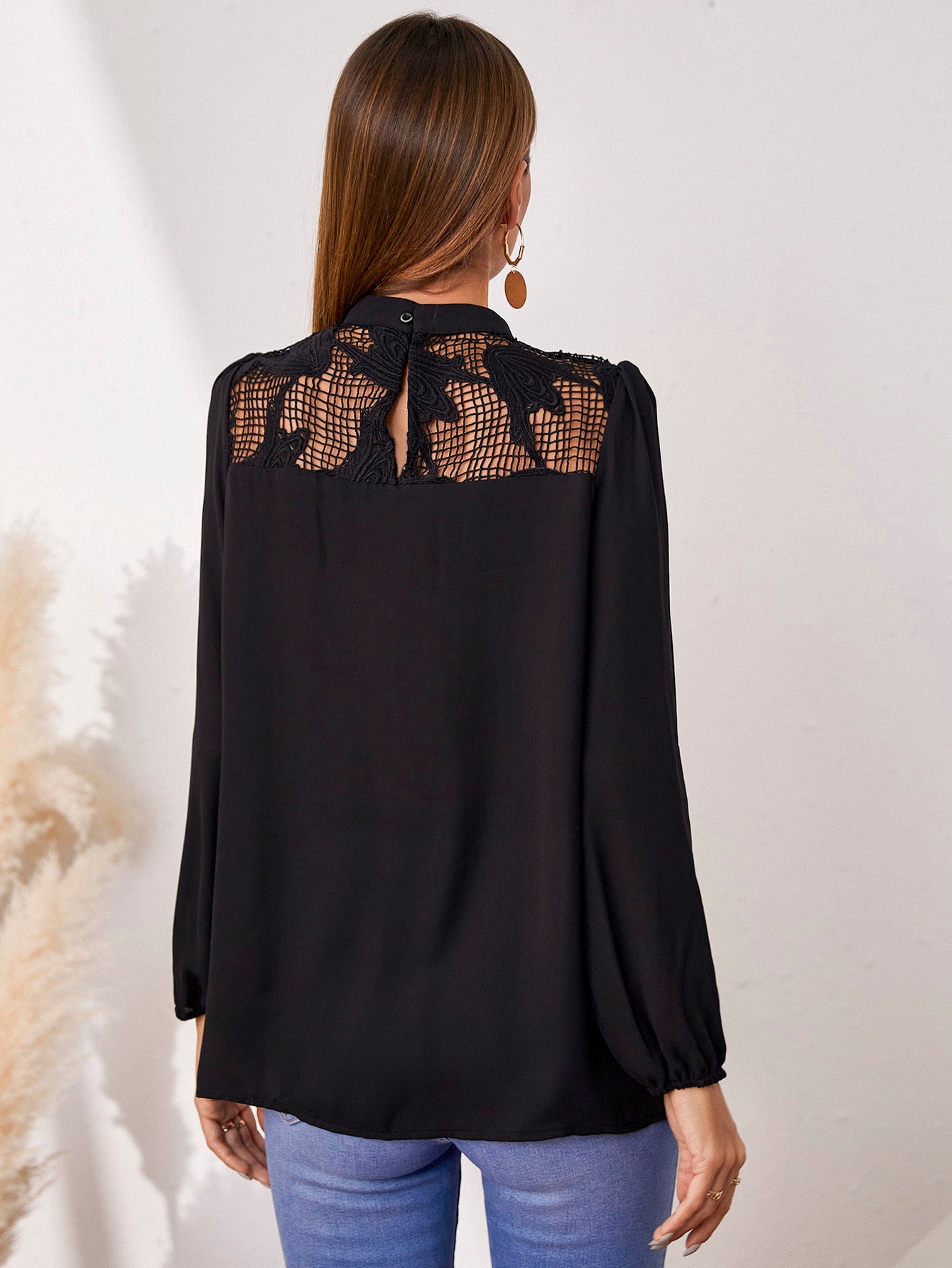 BACK TO COLLEGE   Openwork Round Neck Puff Sleeve Blouse