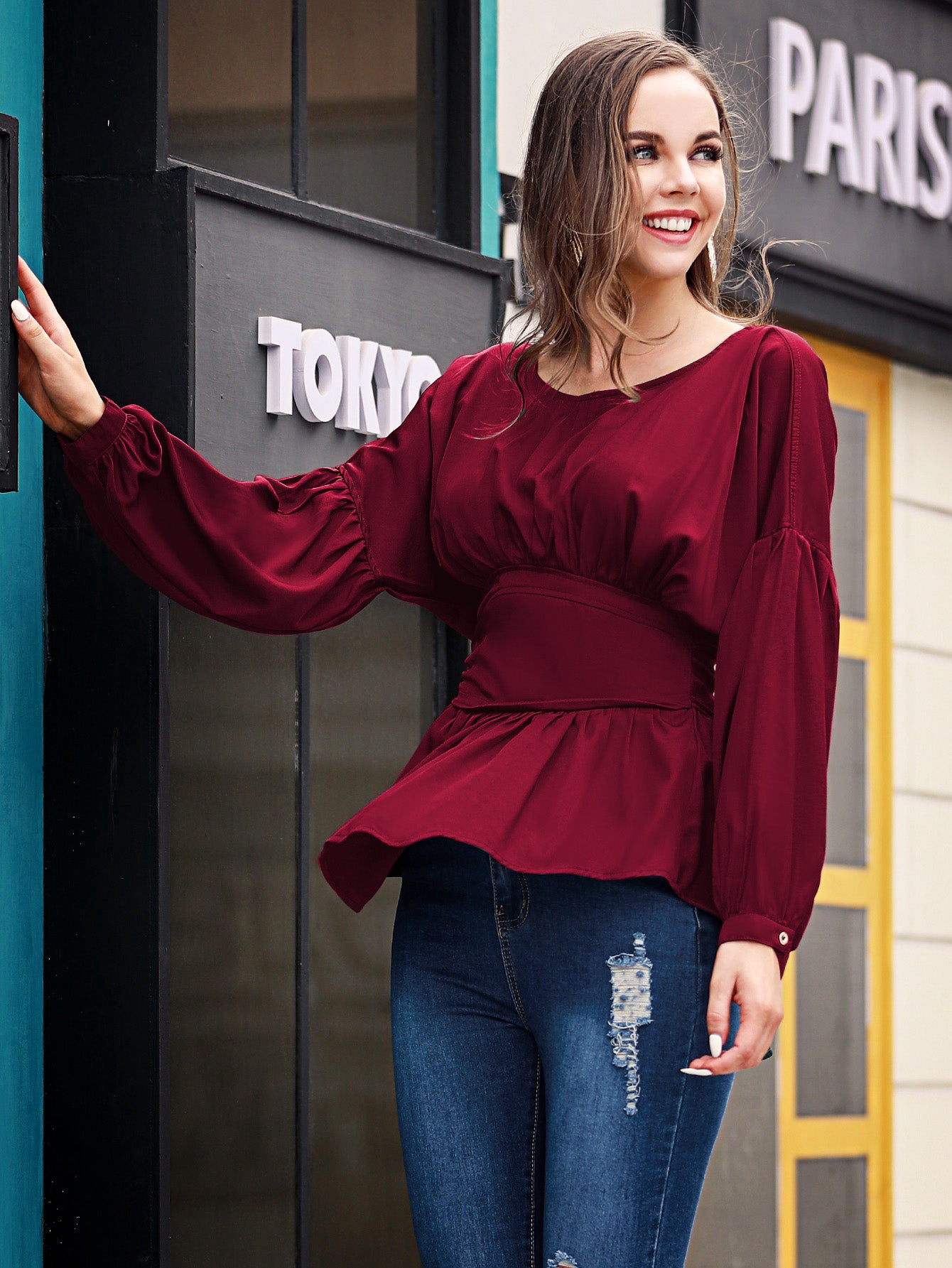 BACK TO COLLEGE   Exposed Seams Round Neck Dropped Shoulder Blouse