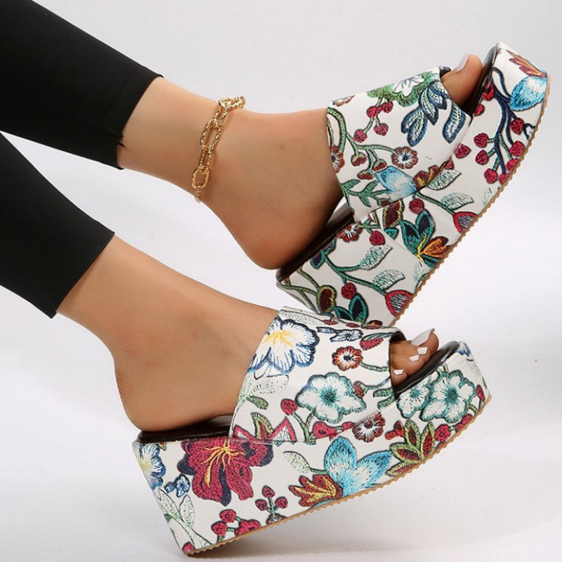 Poshoot - White Patchwork Printing Round Out Door Wedges Shoes (Heel Height 2.36in)