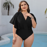 Poshoot  Plus Size Ruched Surplice Neck One-Piece Swimsuit