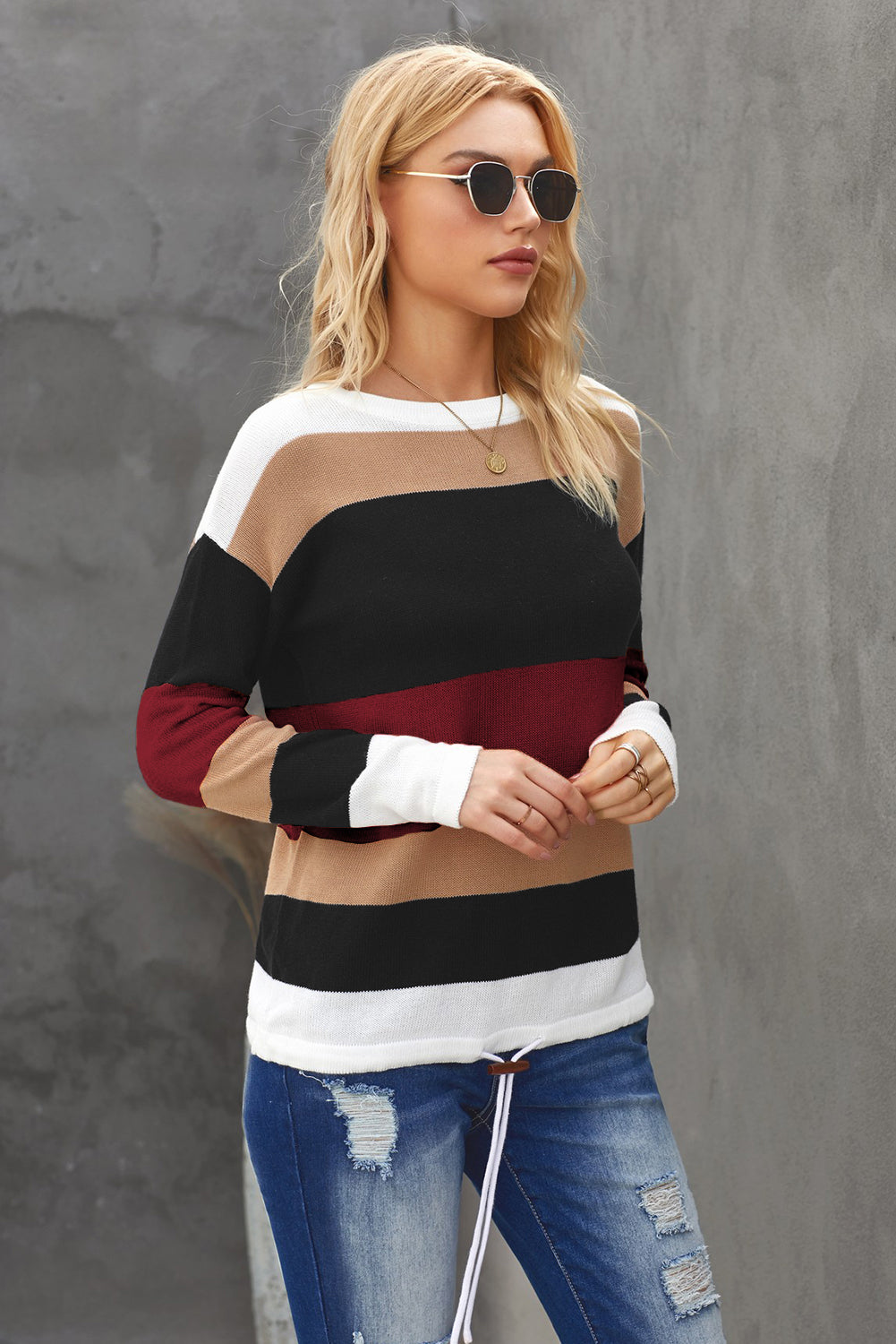 POSHOOT  fall outfits    Round Neck Color Block Dropped Shoulder Knit Top