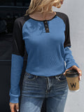 POSHOOT AUTUMN OUTFITS   Contrast Buttoned Round Neck Raglan Sleeve Top