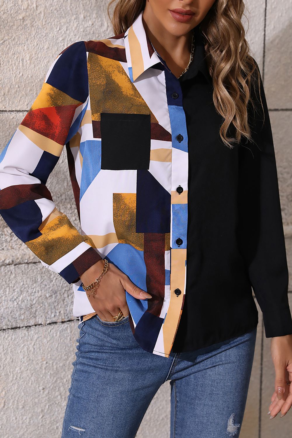 POSHOOT  fall outfits    Contrast Printed Long Sleeve Collared Neck Shirt