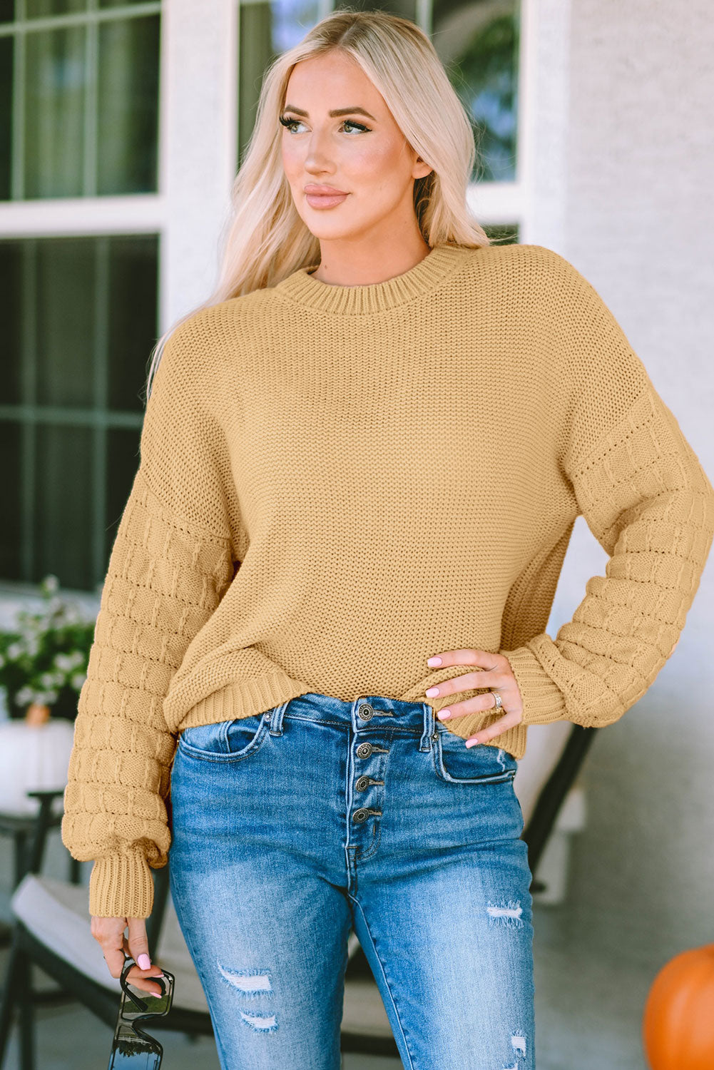 POSHOOT  AUTUMN OUTFITS    Round Neck Dropped Shoulder Waffle-Knit Sweater