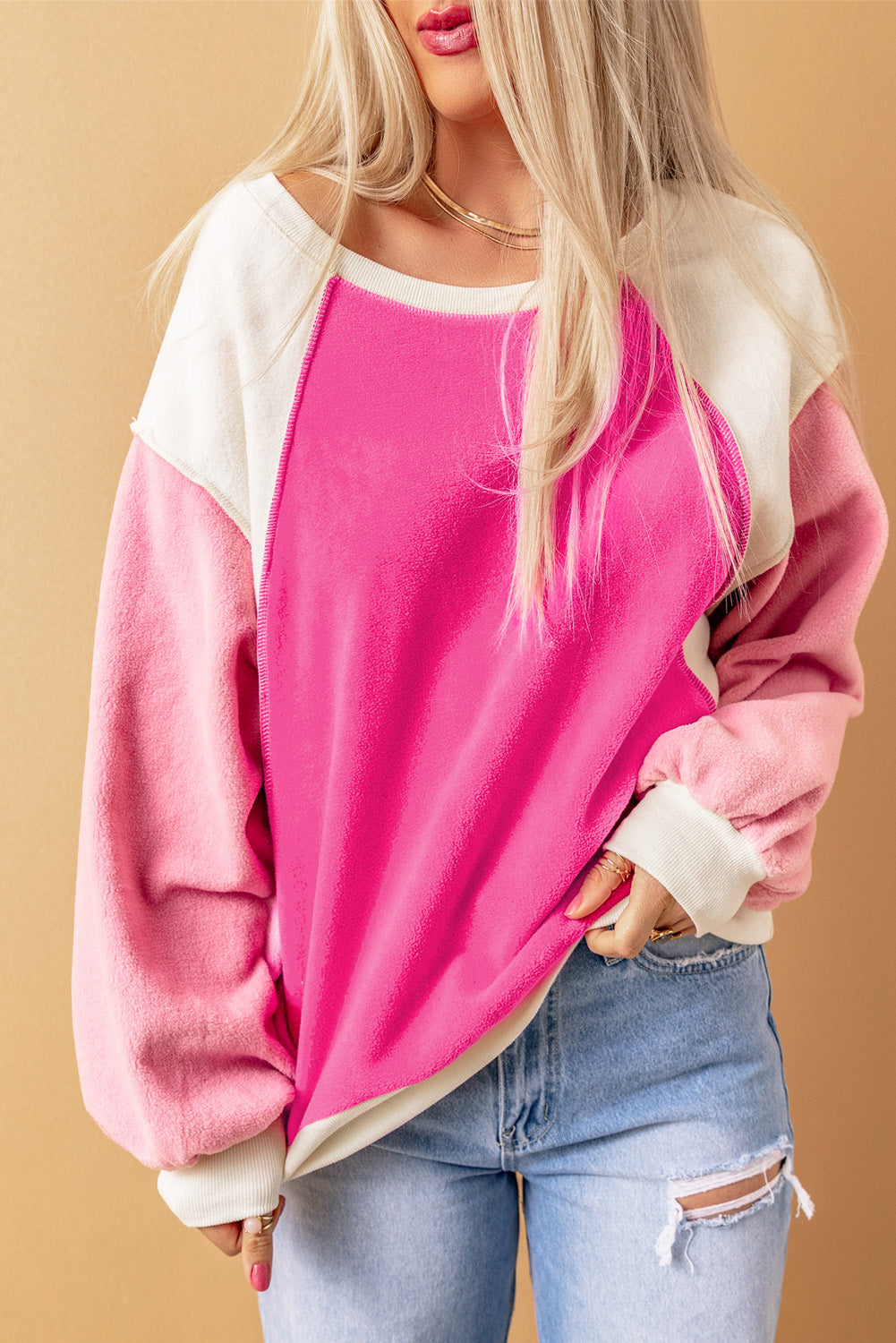 POSHOOT  fall outfits    Round Neck Dropped Shoulder Color Block Sweatshirt