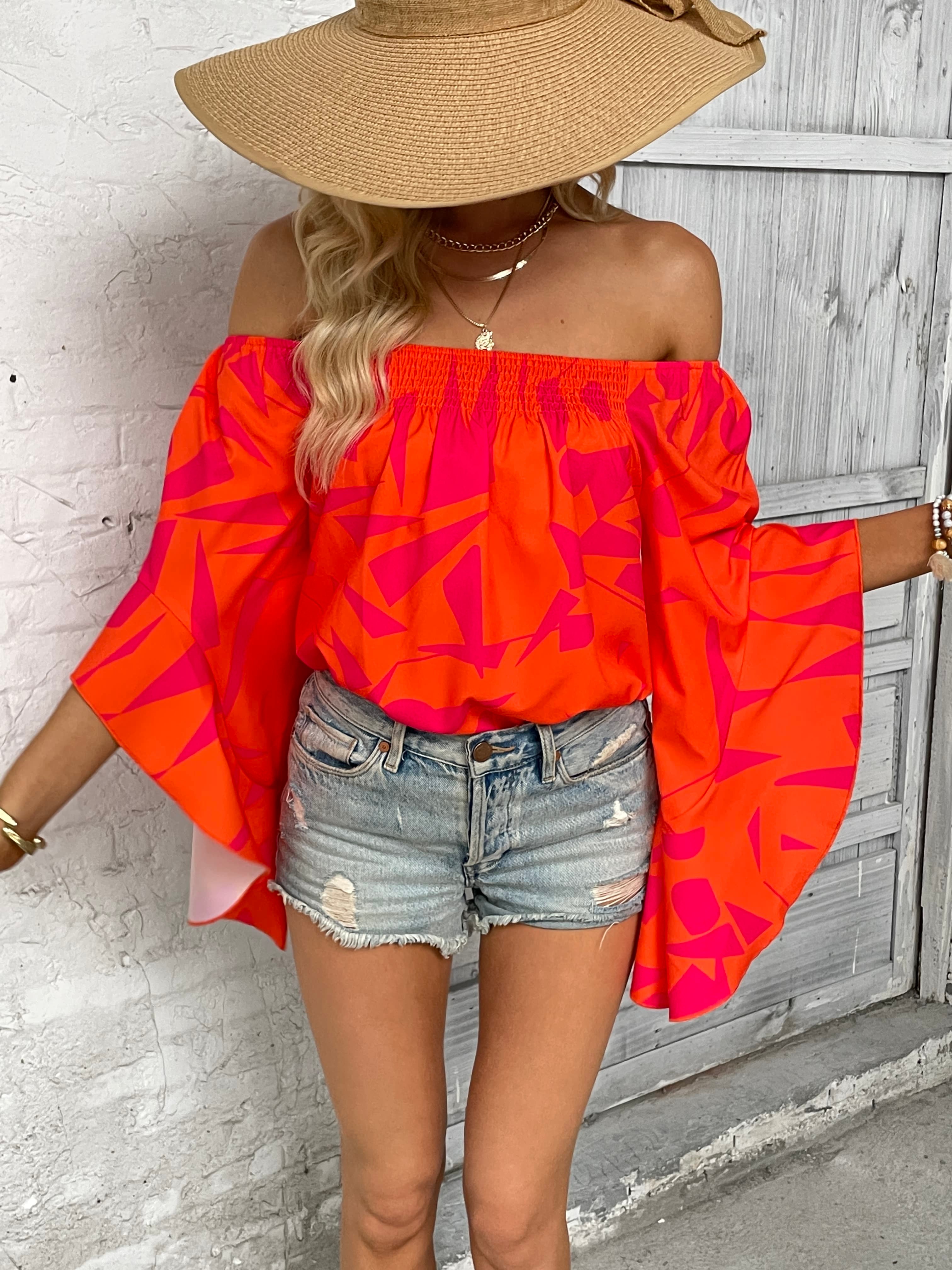 BACK TO COLLEGE   Printed Off-Shoulder Bell Sleeve Blouse
