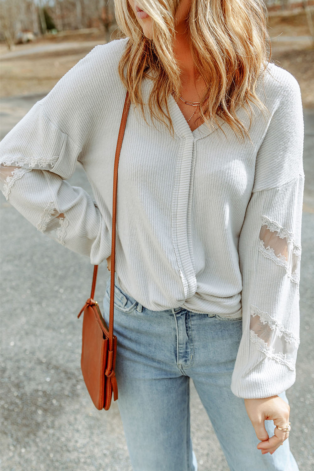 POSHOOT  fall outfits    V-Neck Dropped Shoulder Blouse