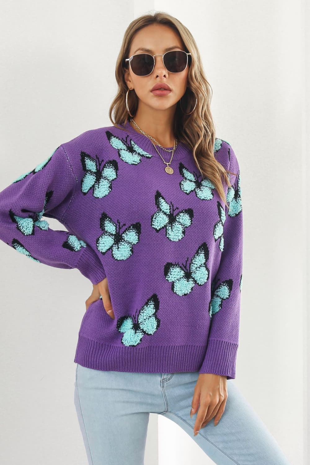 POSHOOT AUTUMN OUTFITS     Butterfly Pattern Round Neck Dropped Shoulder Sweater