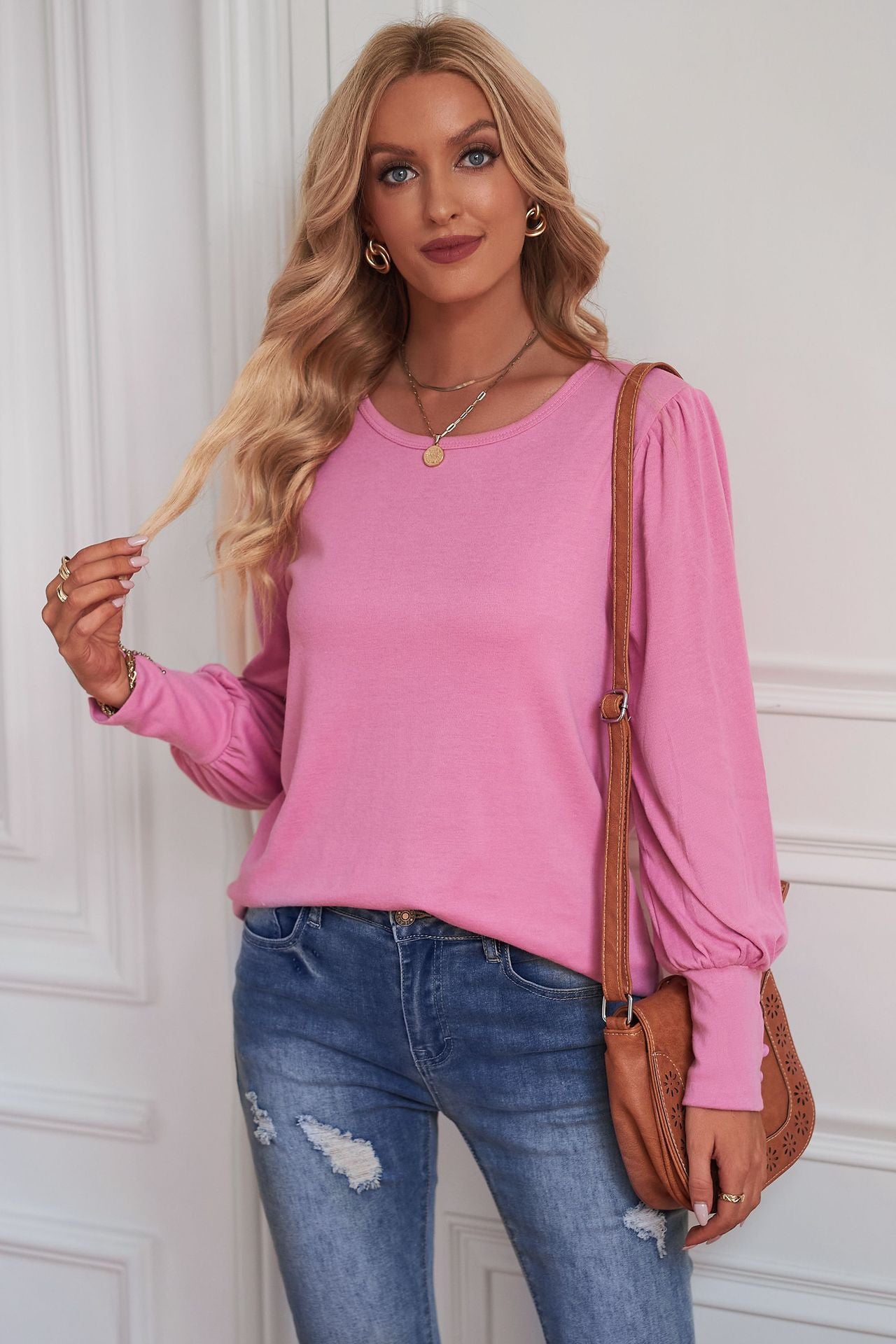 POSHOOT AUTUMN OUTFITS     Round Neck Puff Sleeve T-Shirt