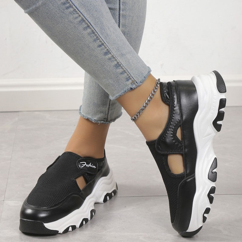 Poshoot - Black Casual Hollowed Out Patchwork Contrast Round Comfortable Out Door Shoes