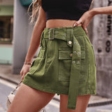 Back To School  Belted Denim Shorts with Pockets