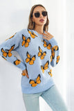 POSHOOT AUTUMN OUTFITS     Butterfly Pattern Round Neck Dropped Shoulder Sweater