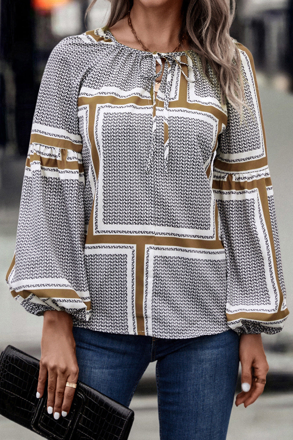 BACK TO COLLEGE  Printed Tie Neck Balloon Sleeve Blouse