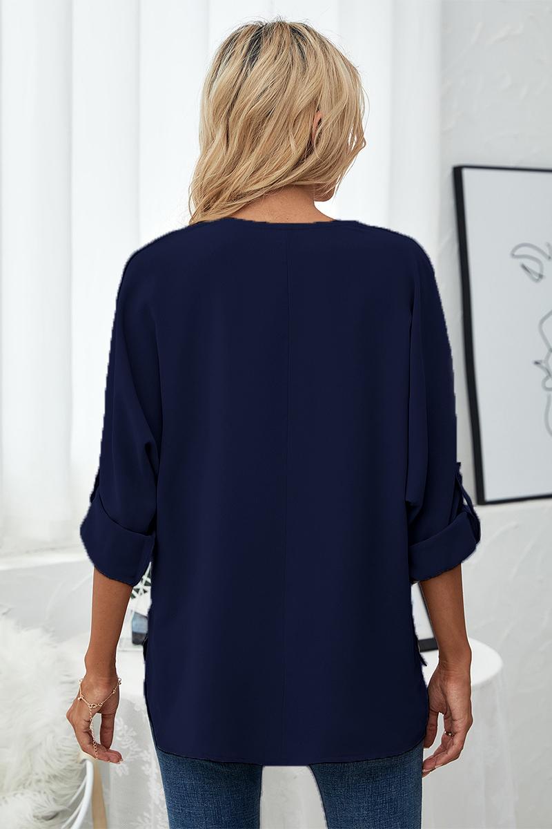 BACK TO COLLEGE   Roll-Tab Sleeve V-Neck Blouse