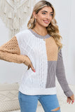 POSHOOT  AUTUMN OUTFITS    Cable-Knit Openwork Round Neck Color Block Sweater