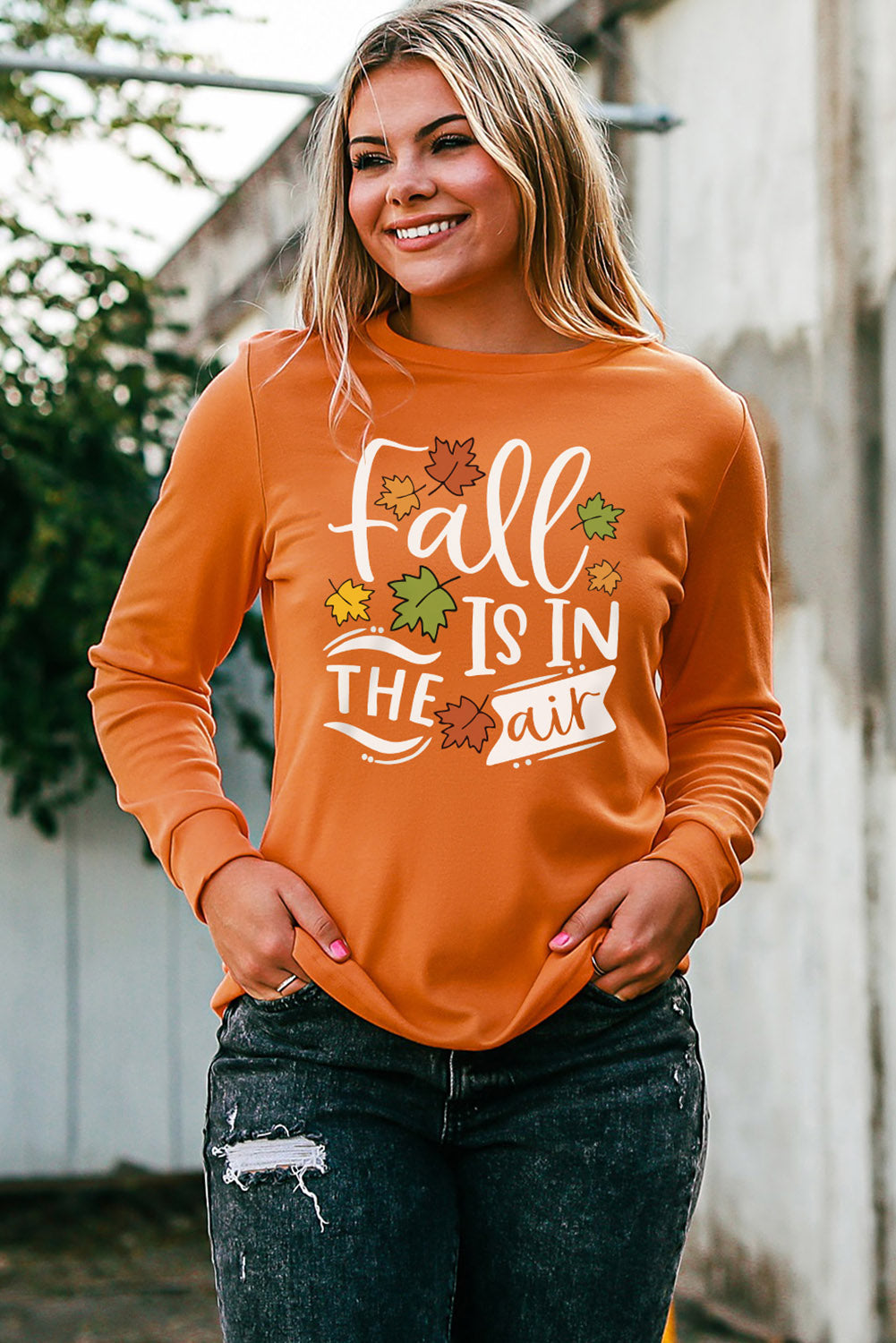 POSHOOT  fall outfits    Round Neck Long Sleeve FALL IS IN THE AIR Graphic Sweatshirt