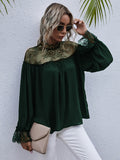 BACK TO COLLEGE   Semi-Sheer Lace Trim Mock Neck Blouse