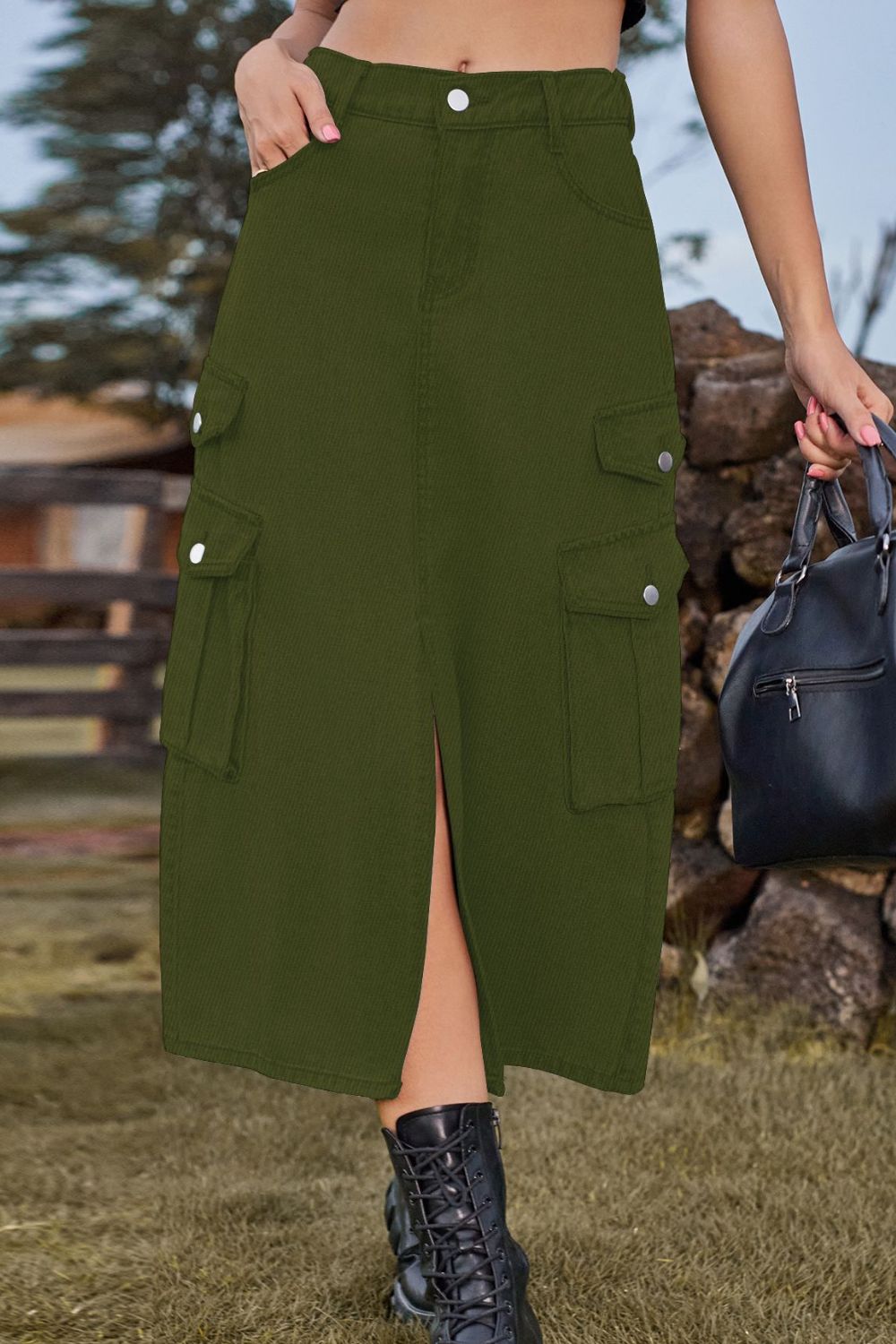 BACK TO SCHOOL   Slit Front Midi Denim Skirt with Pockets