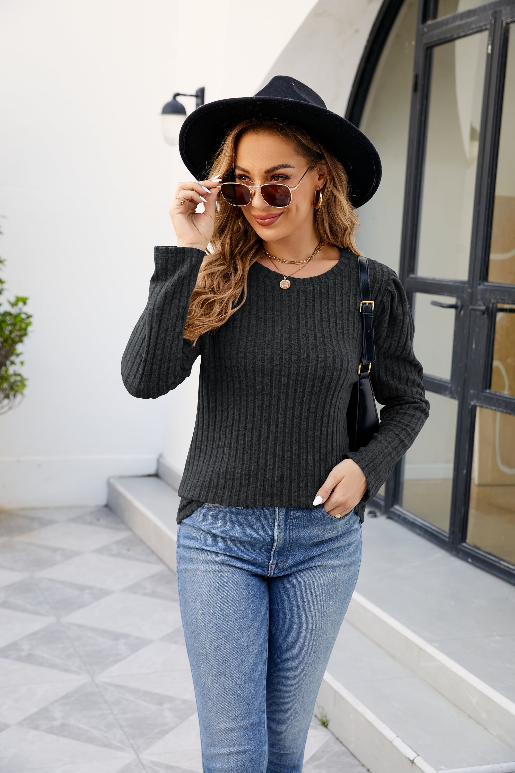 POSHOOT AUTUMN OUTFITS     Round Neck Long Sleeve Ribbed Blouse