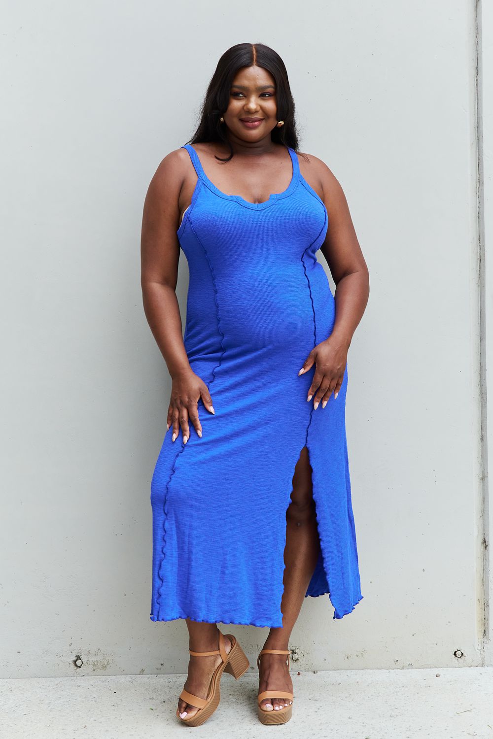 POSHOOT  Culture Code Look At Me Full Size Notch Neck Maxi Dress with Slit in Cobalt Blue