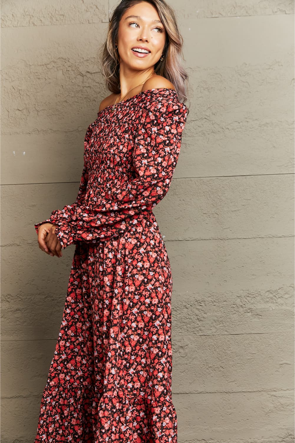 POSHOOT AUTUMN OUTFITS    Off-Shoulder Long Sleeve Midi Dress