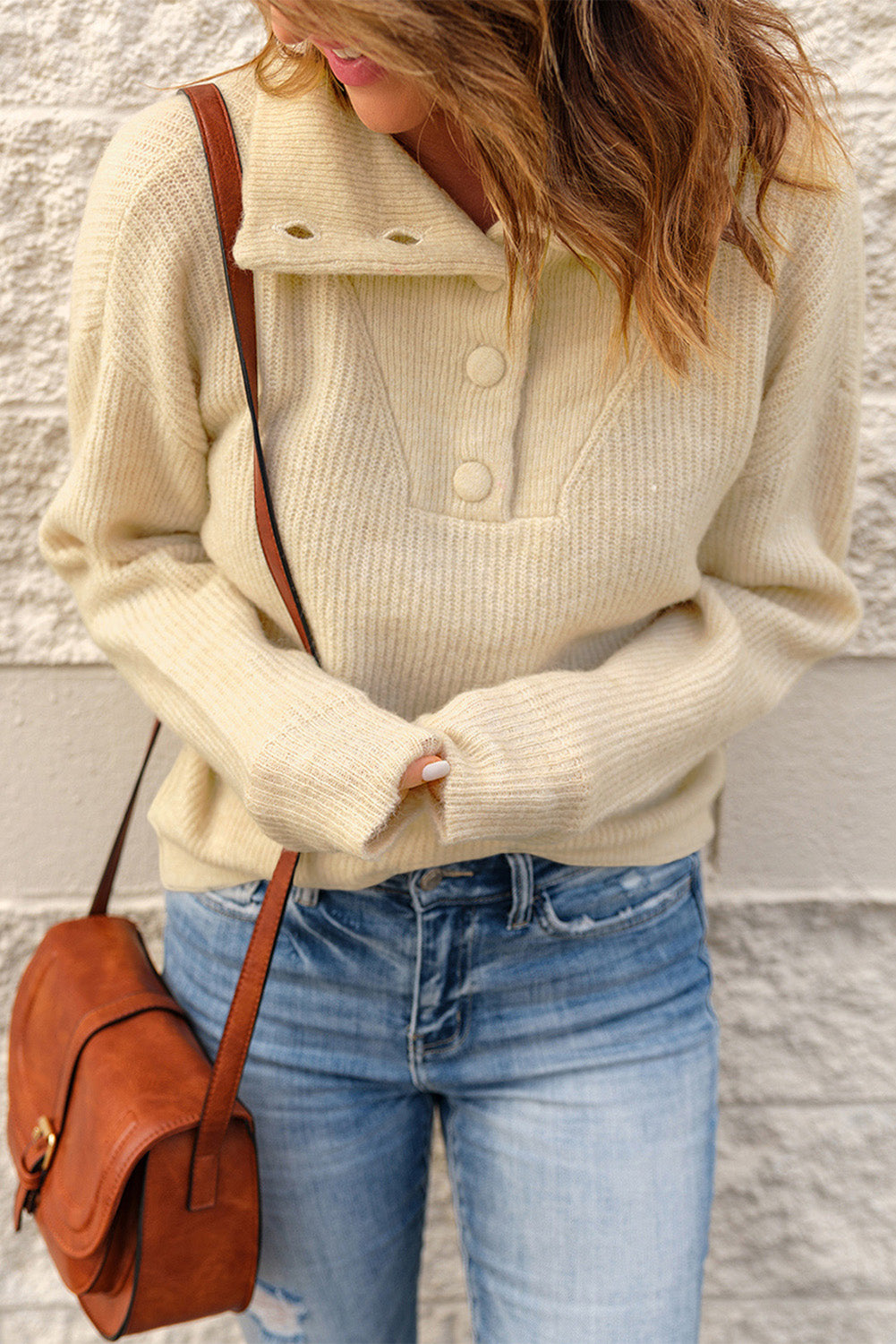 BACK TO COLLEGE   Half Button Dropped Shoulder Ribbed Sweater