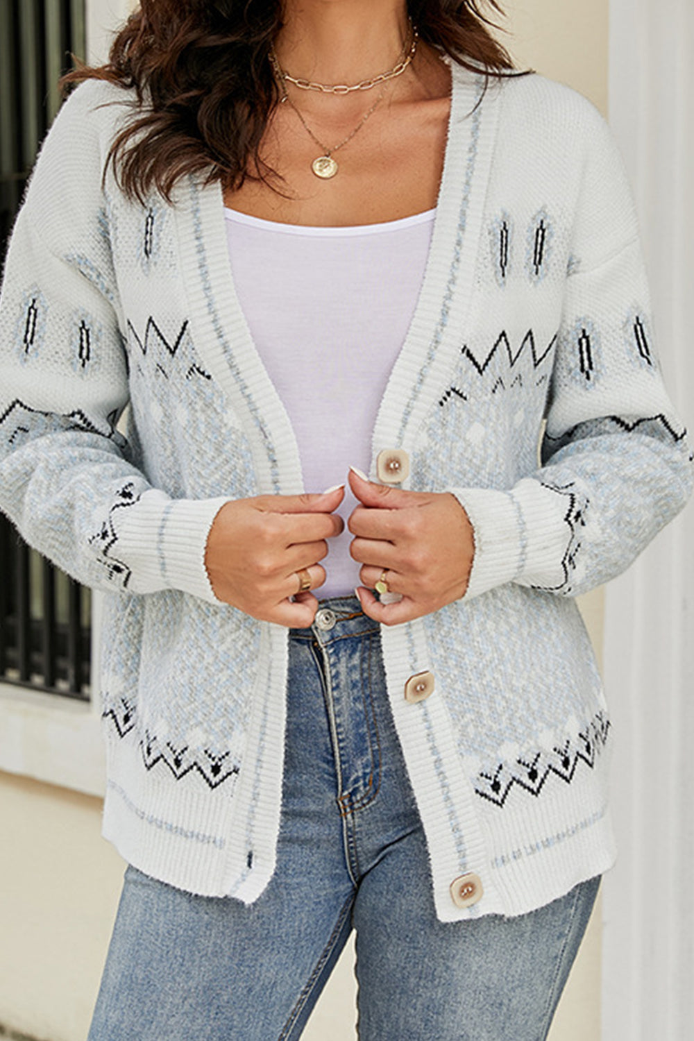 POSHOOT  AUTUMN OUTFITS    Printed V-Neck Buttoned Cardigan