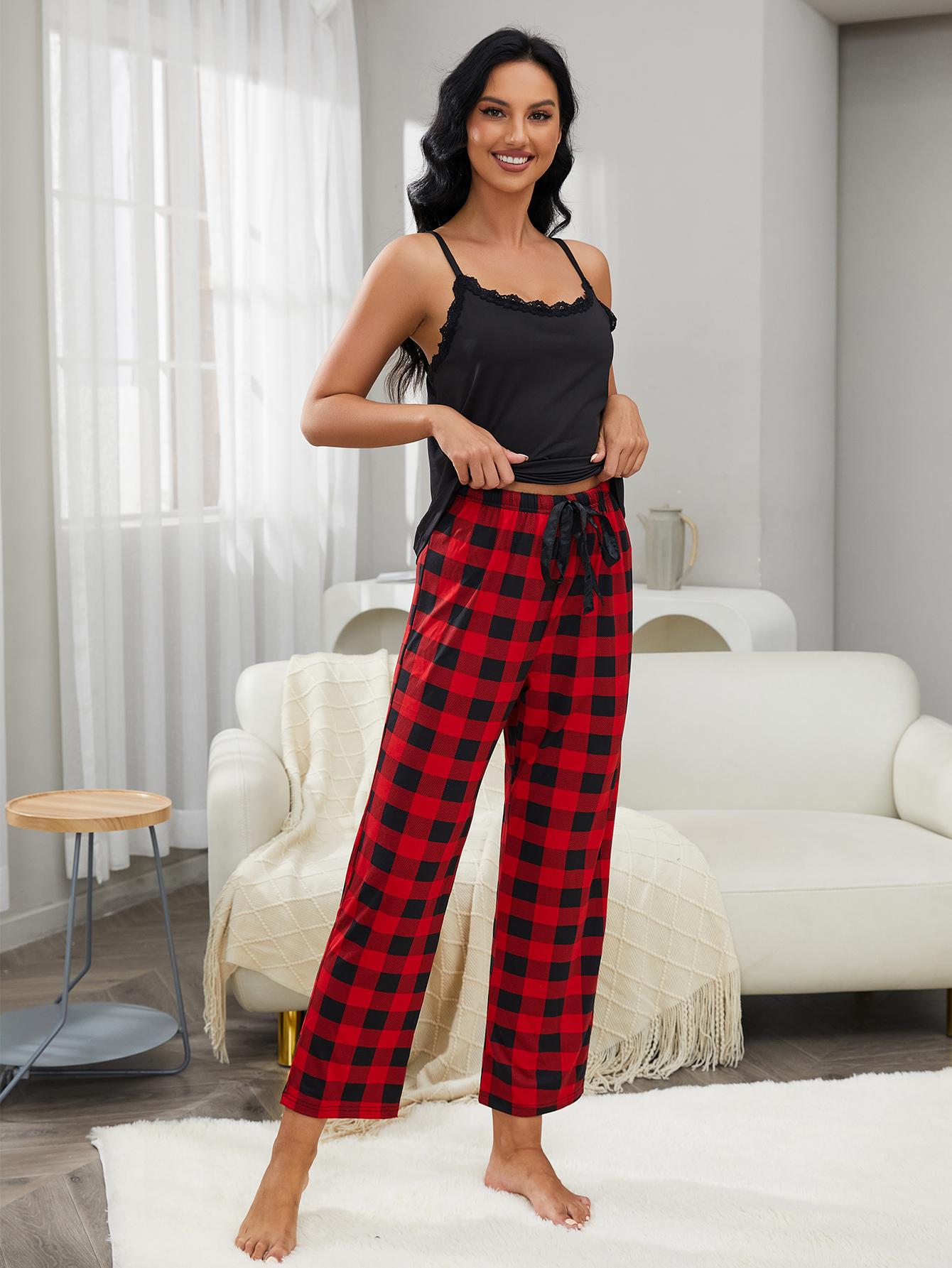 BACK TO COLLEGE   Lace Trim Cami and Plaid Pants Lounge Set