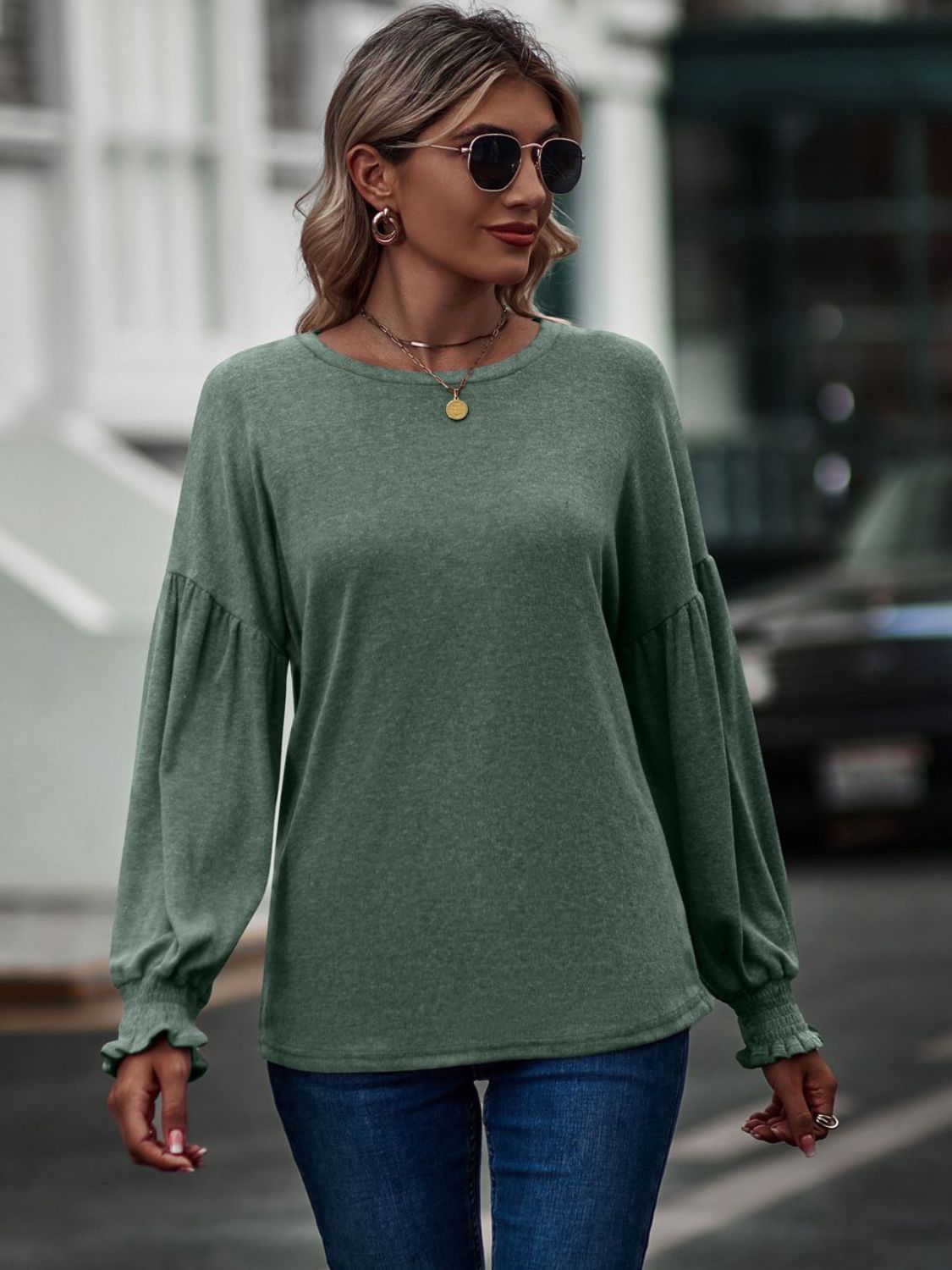 POSHOOT AUTUMN OUTFITS     Round Neck Dropped Shoulder Flounce Sleeve T-Shirt