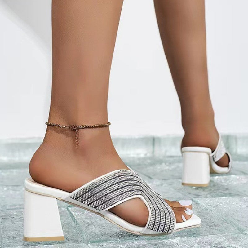Poshoot - White Casual Patchwork Rhinestone Square Out Door Wedges Shoes (Heel Height 2.36in)