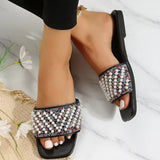Poshoot - Cream White Casual Patchwork Pearl Rhinestone Square Comfortable Shoes