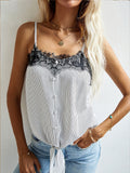 BACK TO COLLEGE   Sweetheart Neck Lace Detail Tie Front Striped Cami