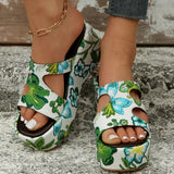 Poshoot - White Casual Daily Hollowed Out Patchwork Printing Round Comfortable Out Door Wedges Shoes (Heel Height 2.36in)