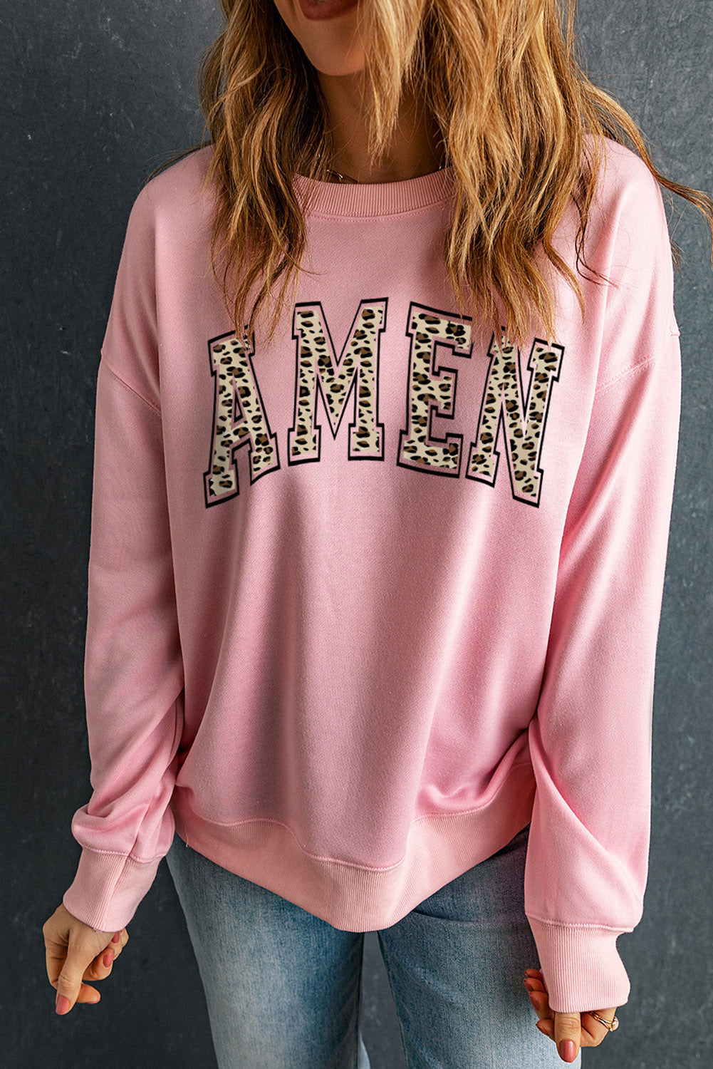 POSHOOT  fall outfits    Round Neck Dropped Shoulder AMEN Graphic Sweatshirt