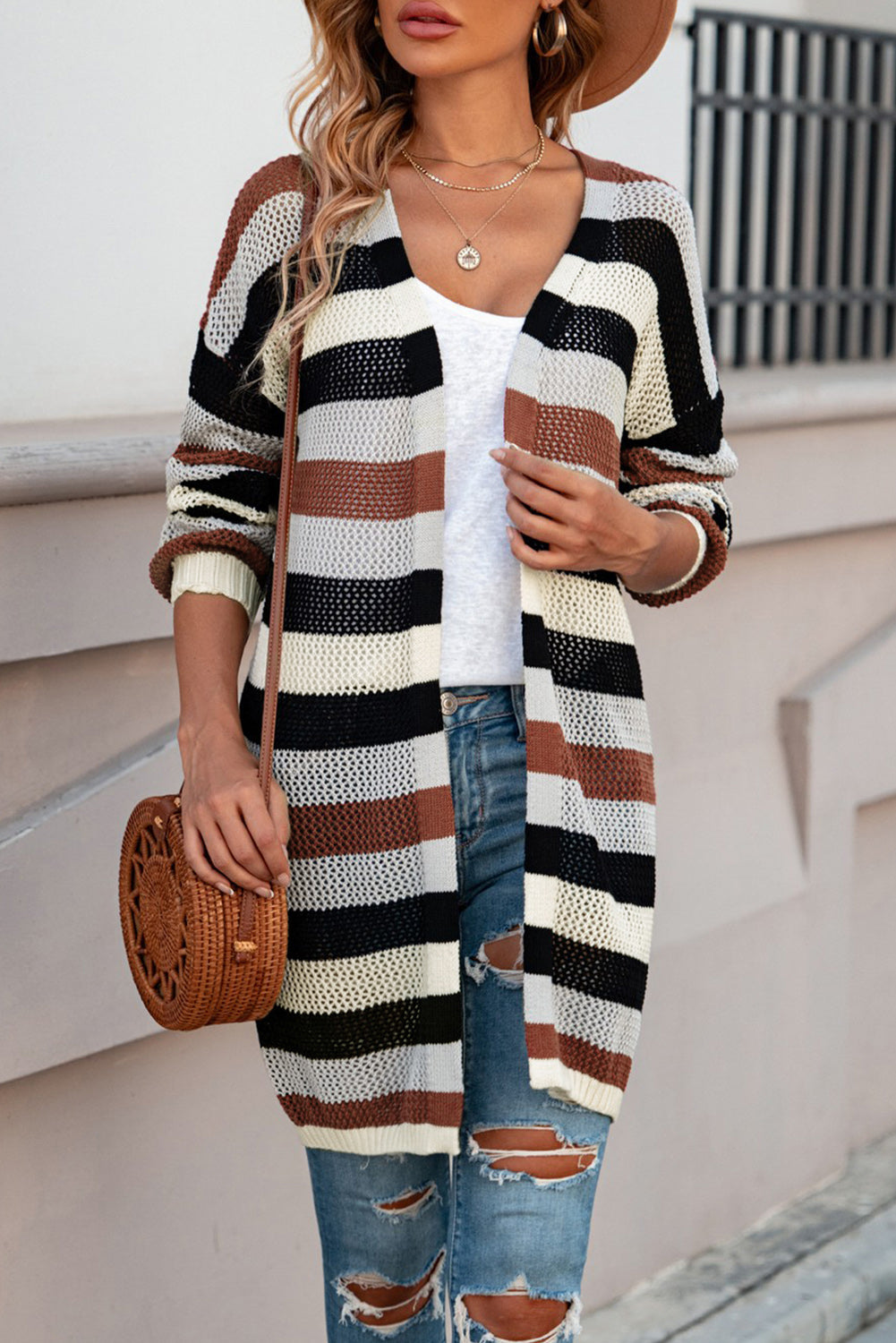 POSHOOT  fall outfits    Full Size Striped Long Sleeve Openwork Cardigan