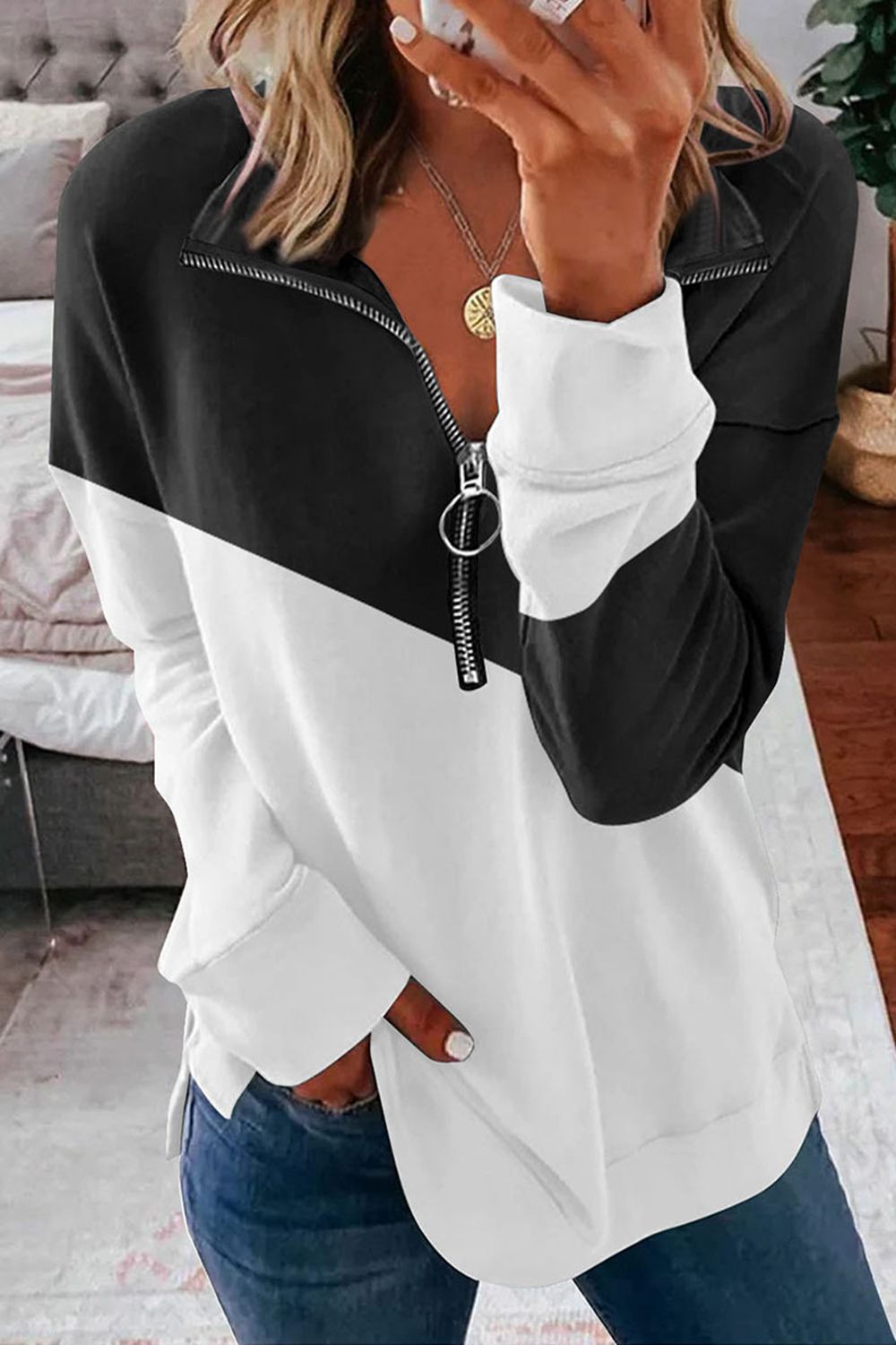 POSHOOT  AUTUMN OUTFITS     Contrast Zip-Up Collared Neck Dropped Shoulder Blouse