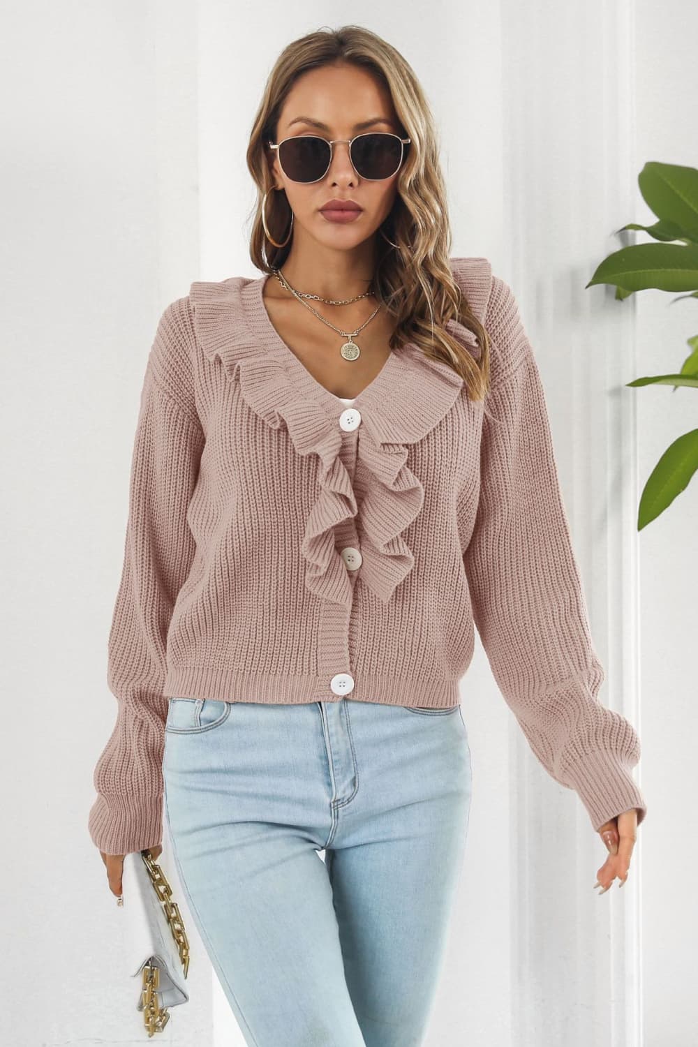 POSHOOT AUTUMN OUTFITS     Ruffle Trim Button-Down Dropped Shoulder Sweater