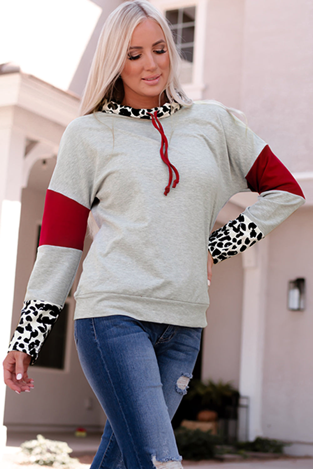 Back to school  Leopard Color Block Drawstring Detail Sweatshirt