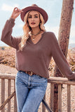 POSHOOT  fall outfits    V-Neck Dropped Shoulder Waffle-Knit Blouse
