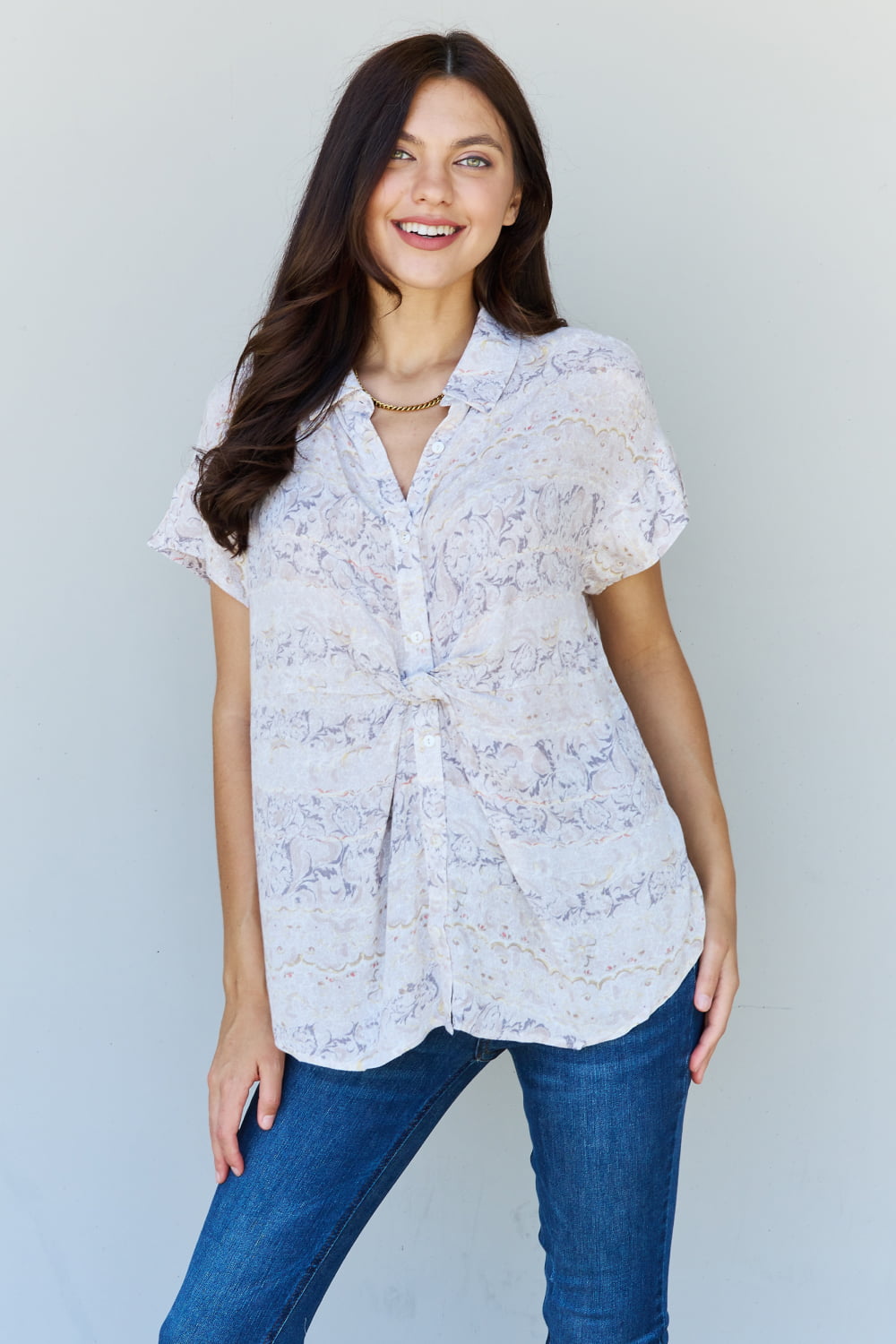 BACK TO COLLEGE   ODDI Full Size Floral Paisley Print Twist Tunic Top