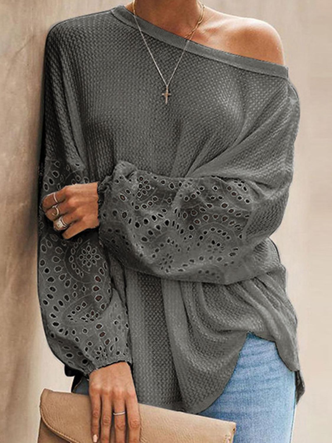 POSHOOT AUTUMN OUTFITS     Openwork Dropped Shoulder Boat Neck Blouse