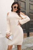 Back to school  Ribbed Cold Shoulder Long Sleeve Sweater Dress