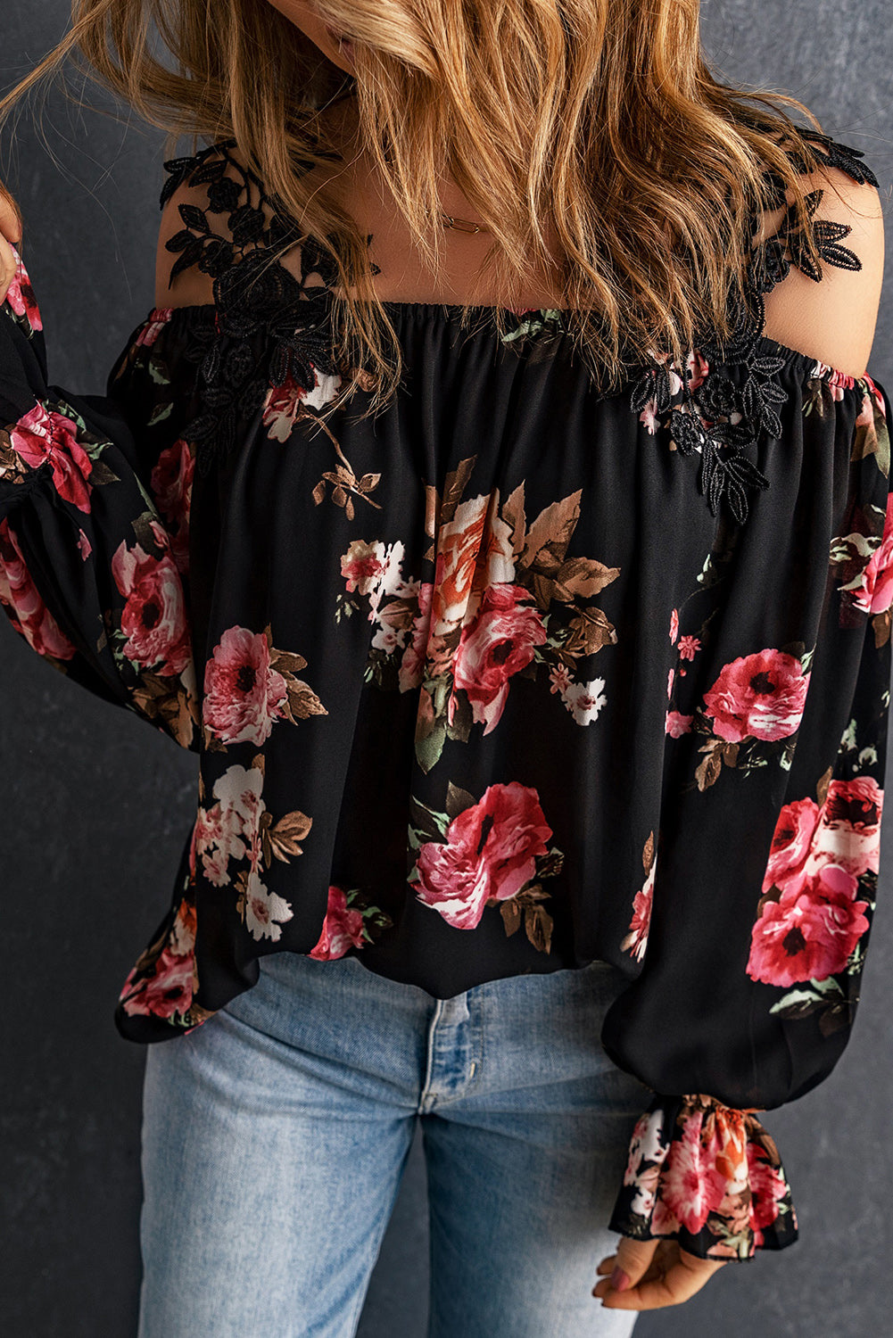 BACK TO COLLEGE   Floral Lace Cold-Shoulder Flounce Sleeve Blouse