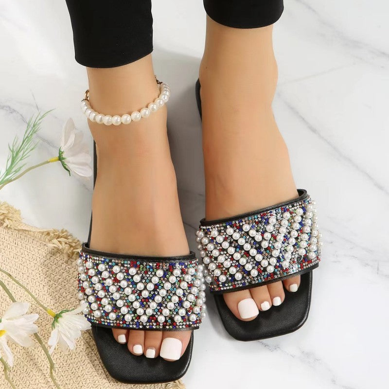 Poshoot - Cream White Casual Patchwork Pearl Rhinestone Square Comfortable Shoes